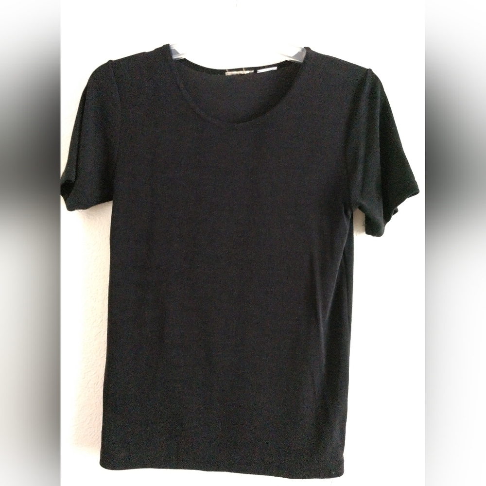Black Stretch Knit Top Shirt Short Sleeve Traveling Wrinkle Free Small Chest 30"